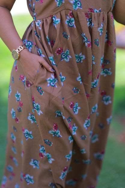 Brown with Green Flower Alphine design sidezip Frock