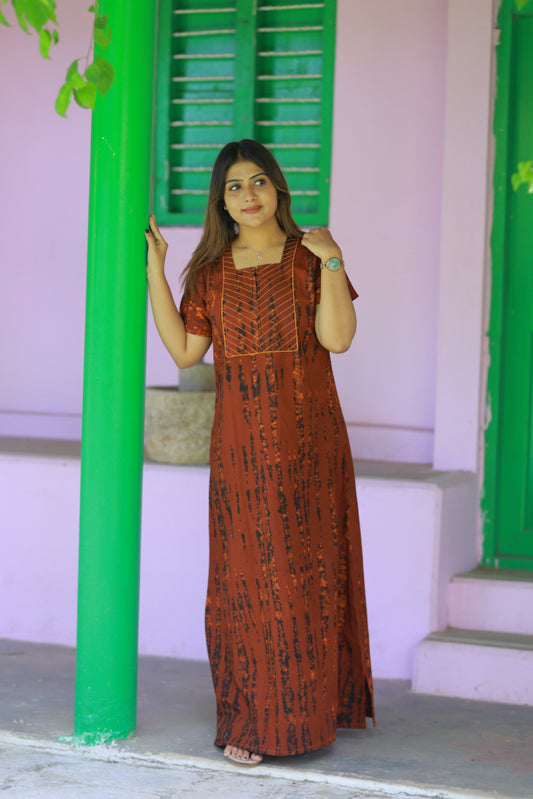 Brown With Black Tie and Dye  Design Pyping Zip Nighty