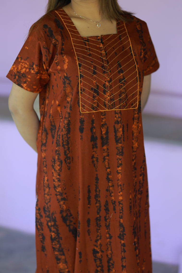 Brown With Black Tie and Dye  Design Pyping Zip Nighty