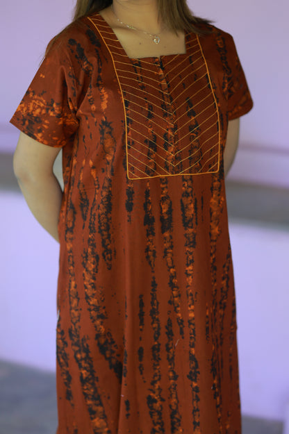 Brown With Black Tie and Dye  Design Pyping Zip Nighty