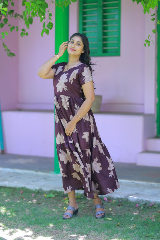 Dark Purple with Brown floral design Alphine Double Layer Side zip Frock