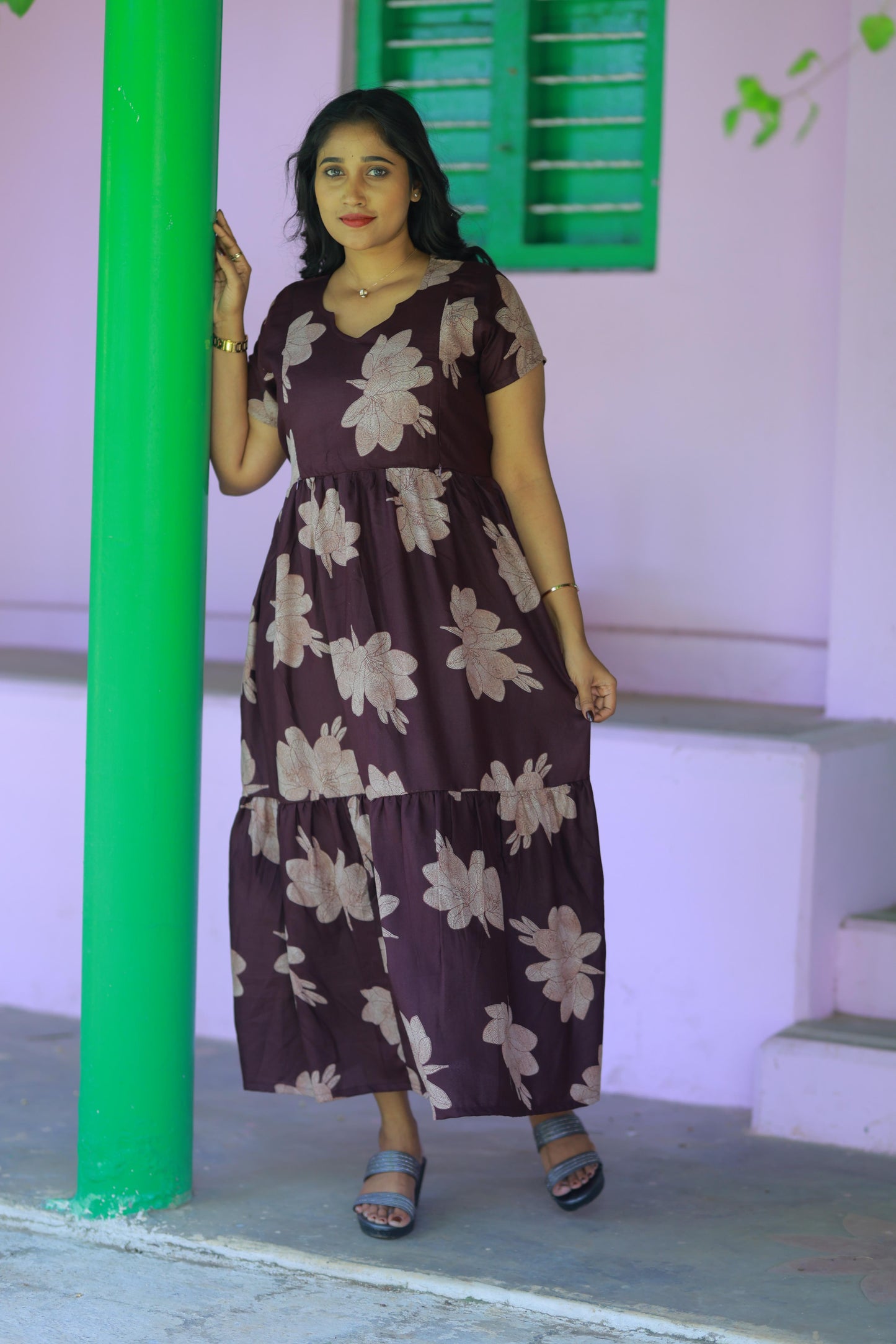 Dark Purple with Brown floral design Alphine Double Layer Side zip Frock