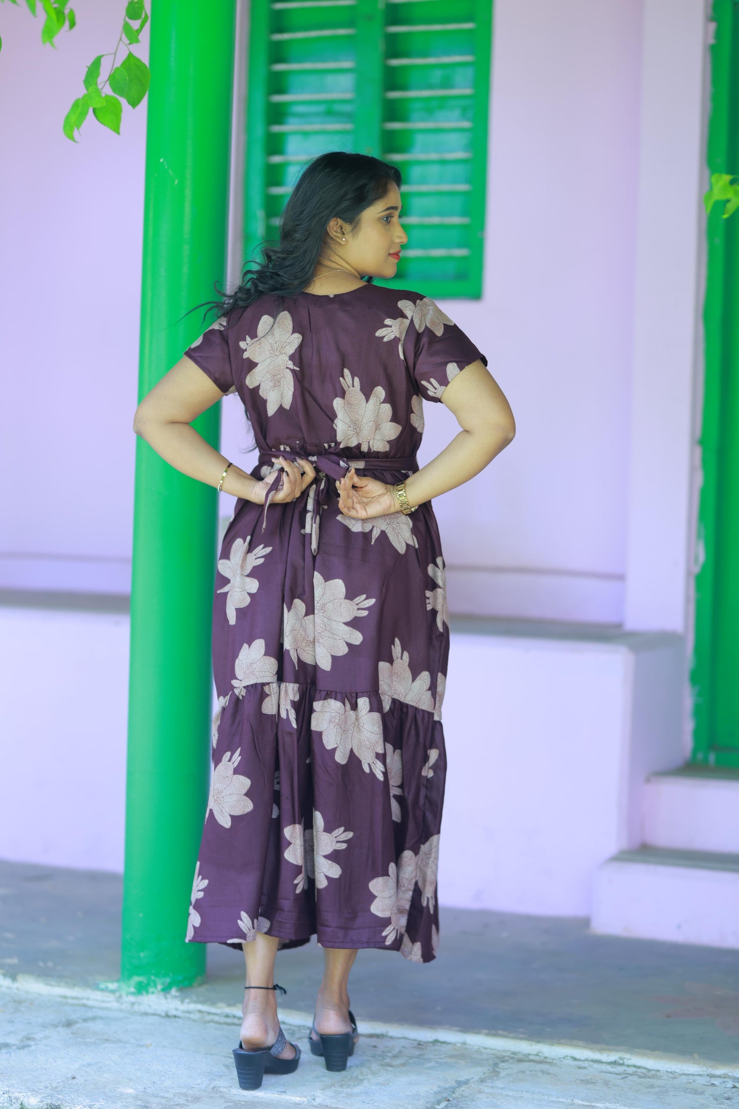 Dark Purple with Brown floral design Alphine Double Layer Side zip Frock