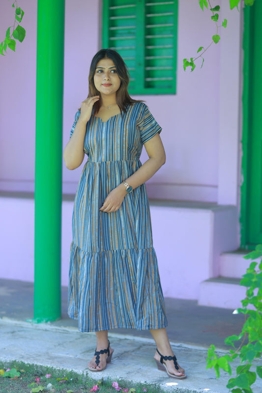 Brown with peach Colour Double Layer Alphine design Without zip Frock