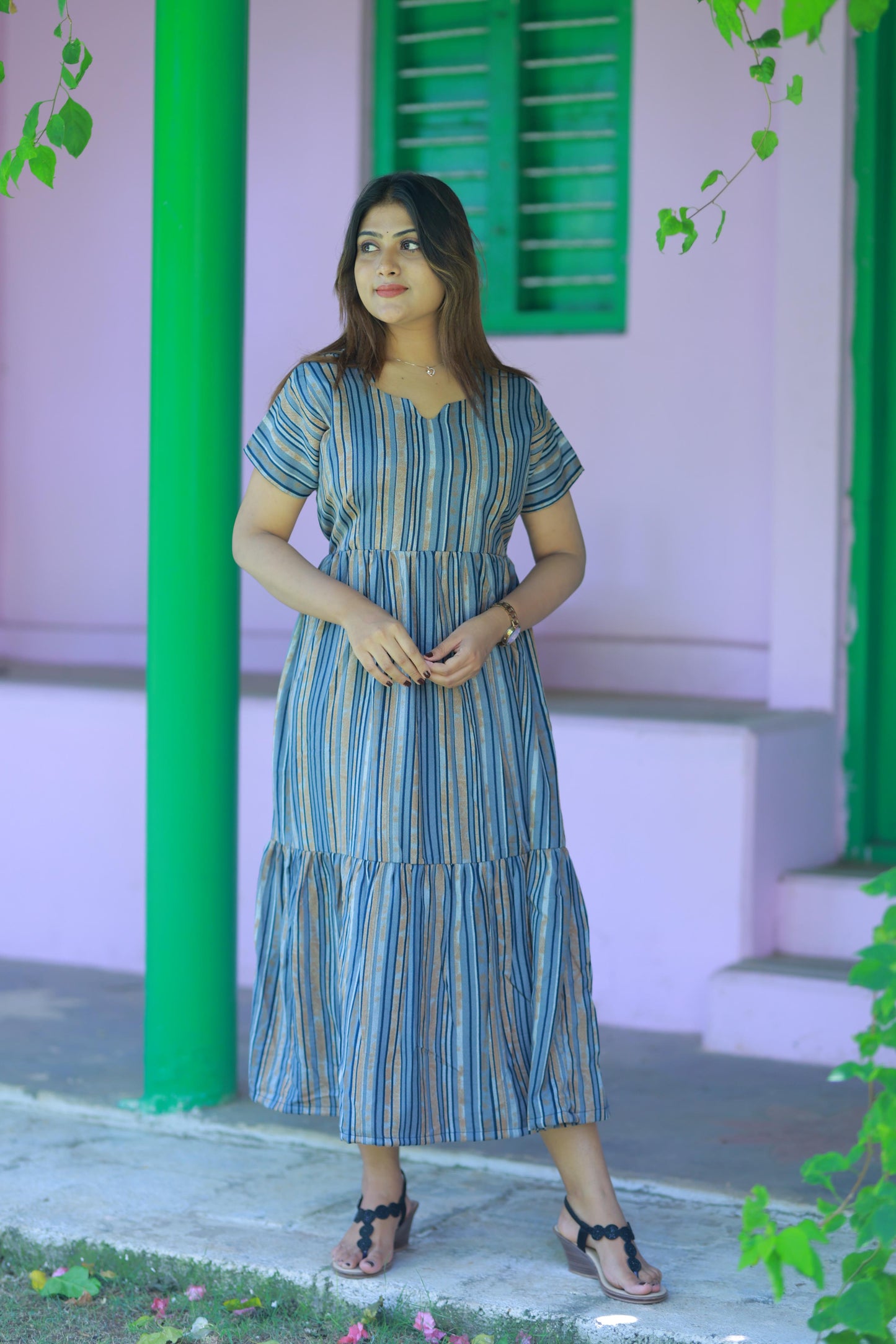 Brown with peach Colour Double Layer Alphine design Without zip Frock