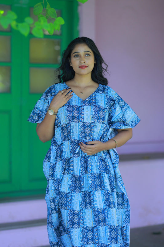 Sky blue With Purple Flower Design Kaftan With Center Zip