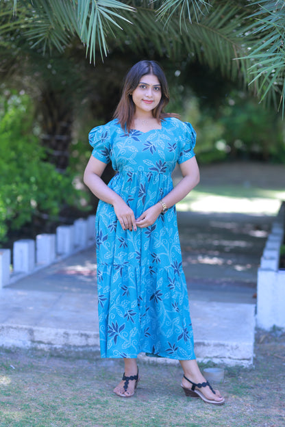 Ramar Green with White Leaf design  Double Layer Alphine  Without zip Frock