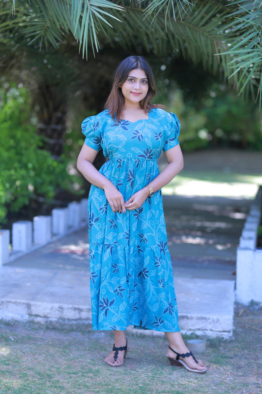 Ramar Green with White Leaf design  Double Layer Alphine  Without zip Frock