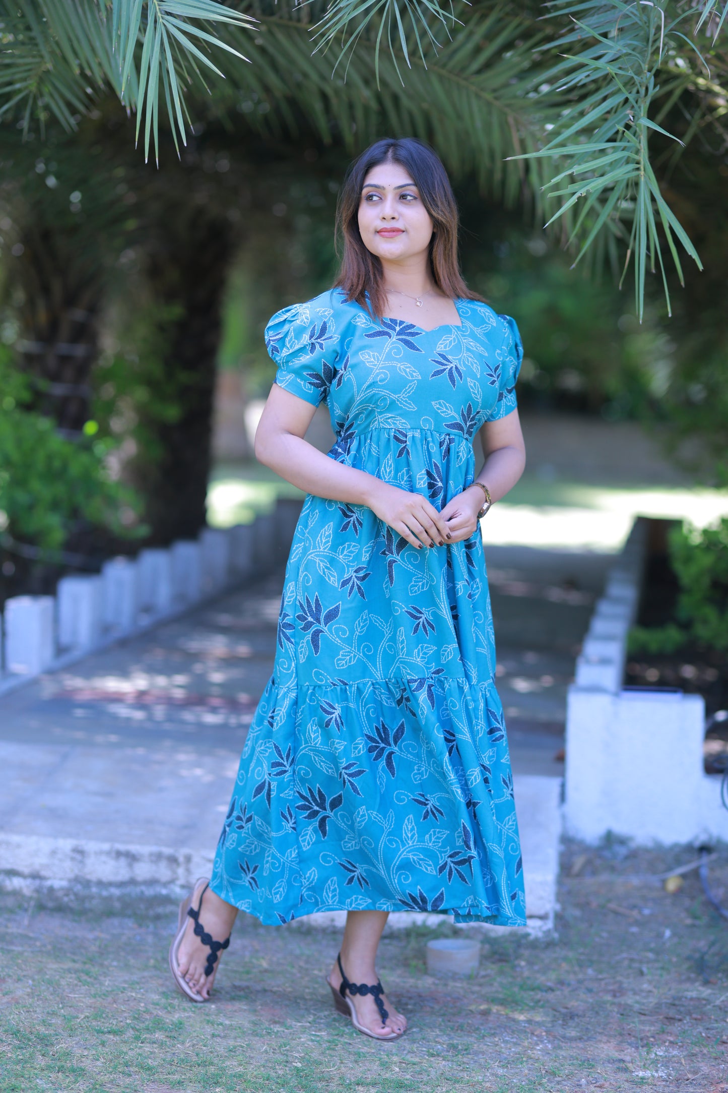 Ramar Green with White Leaf design  Double Layer Alphine  Without zip Frock