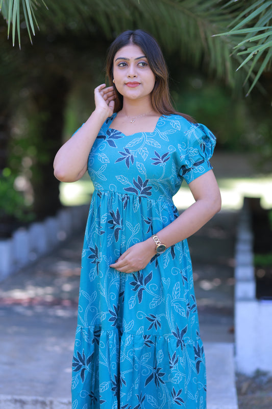 Ramar Green with White Leaf design  Double Layer Alphine  Without zip Frock