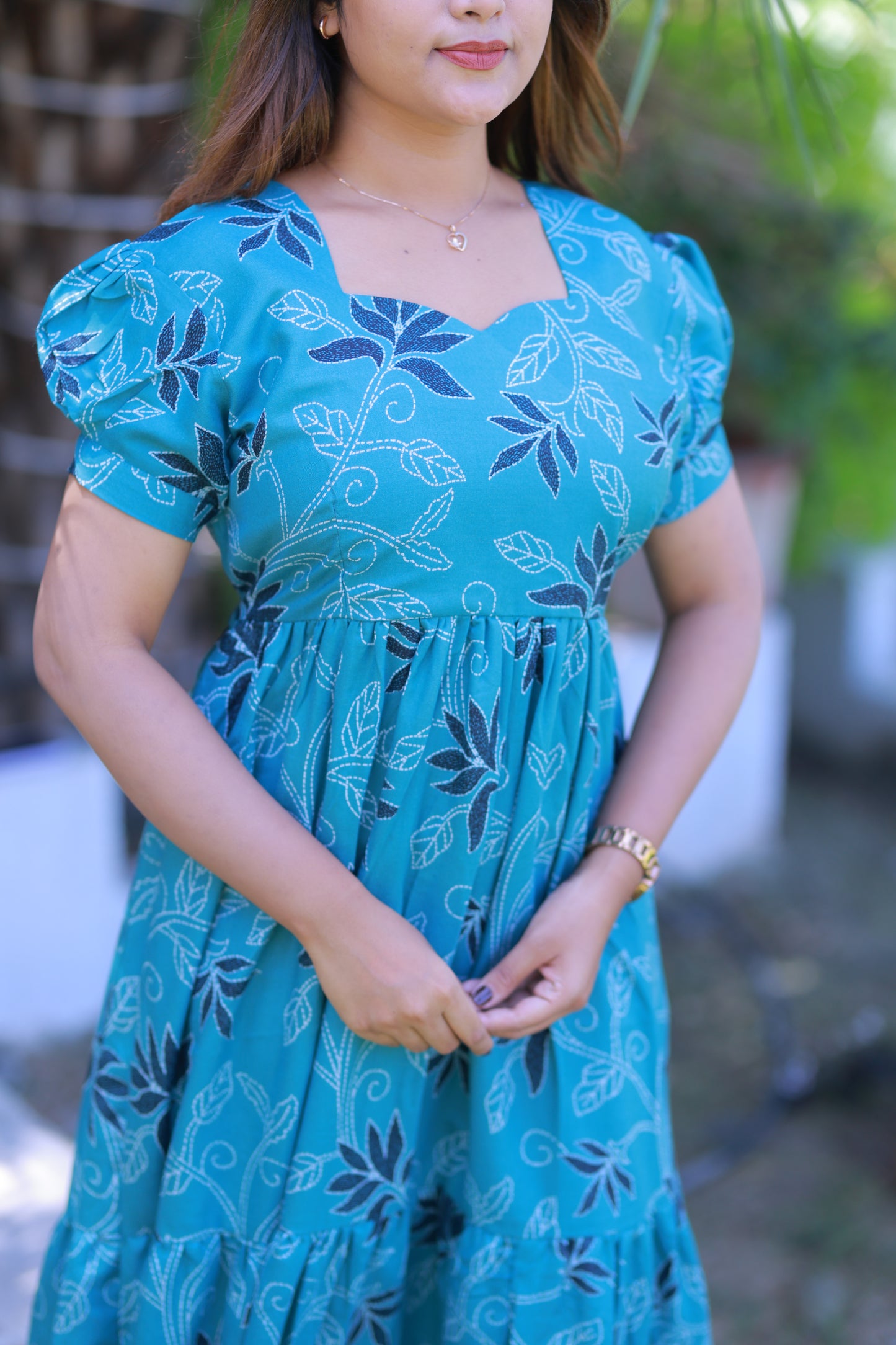 Ramar Green with White Leaf design  Double Layer Alphine  Without zip Frock