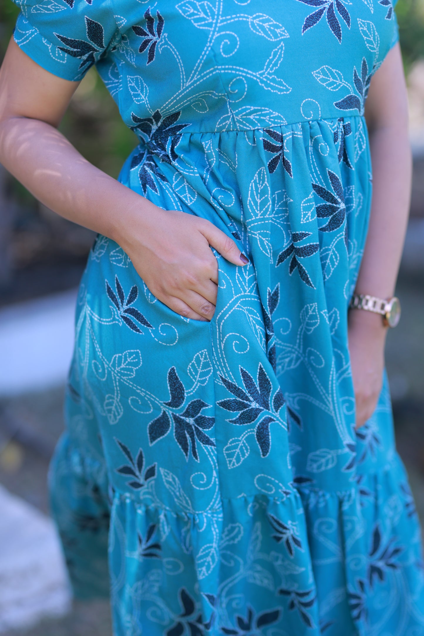 Ramar Green with White Leaf design  Double Layer Alphine  Without zip Frock