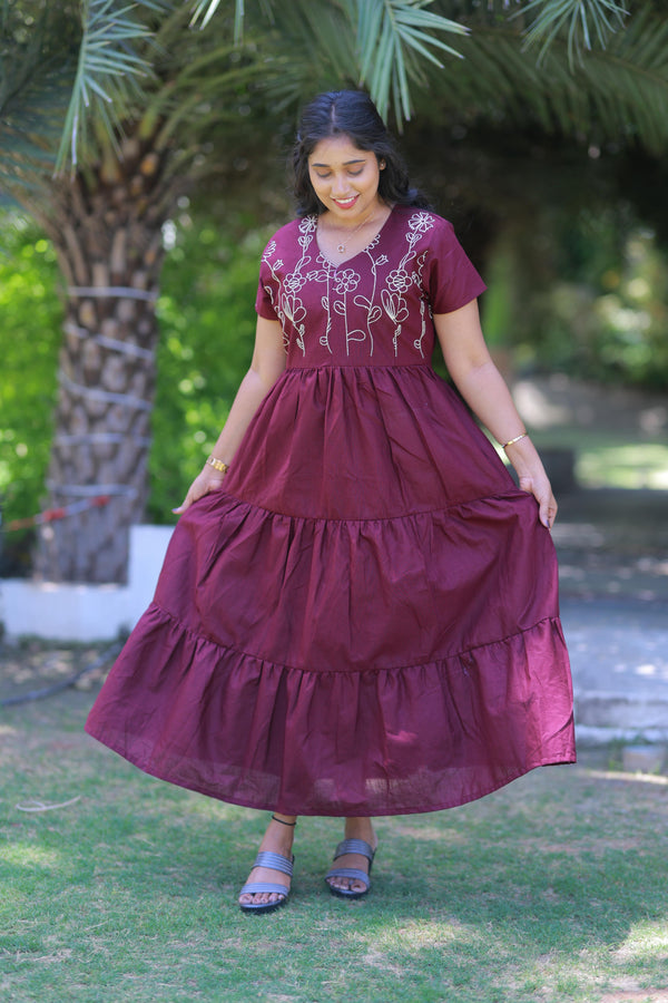 Drak Violet with Yellow Embroidery desinge center zip Frock