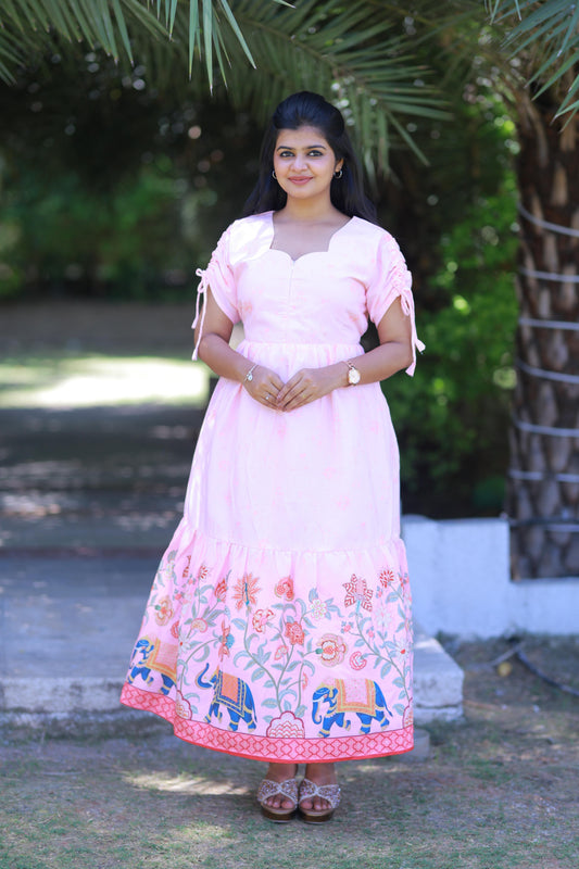 Light Pink elephant design With Flower double layer frock with center zip