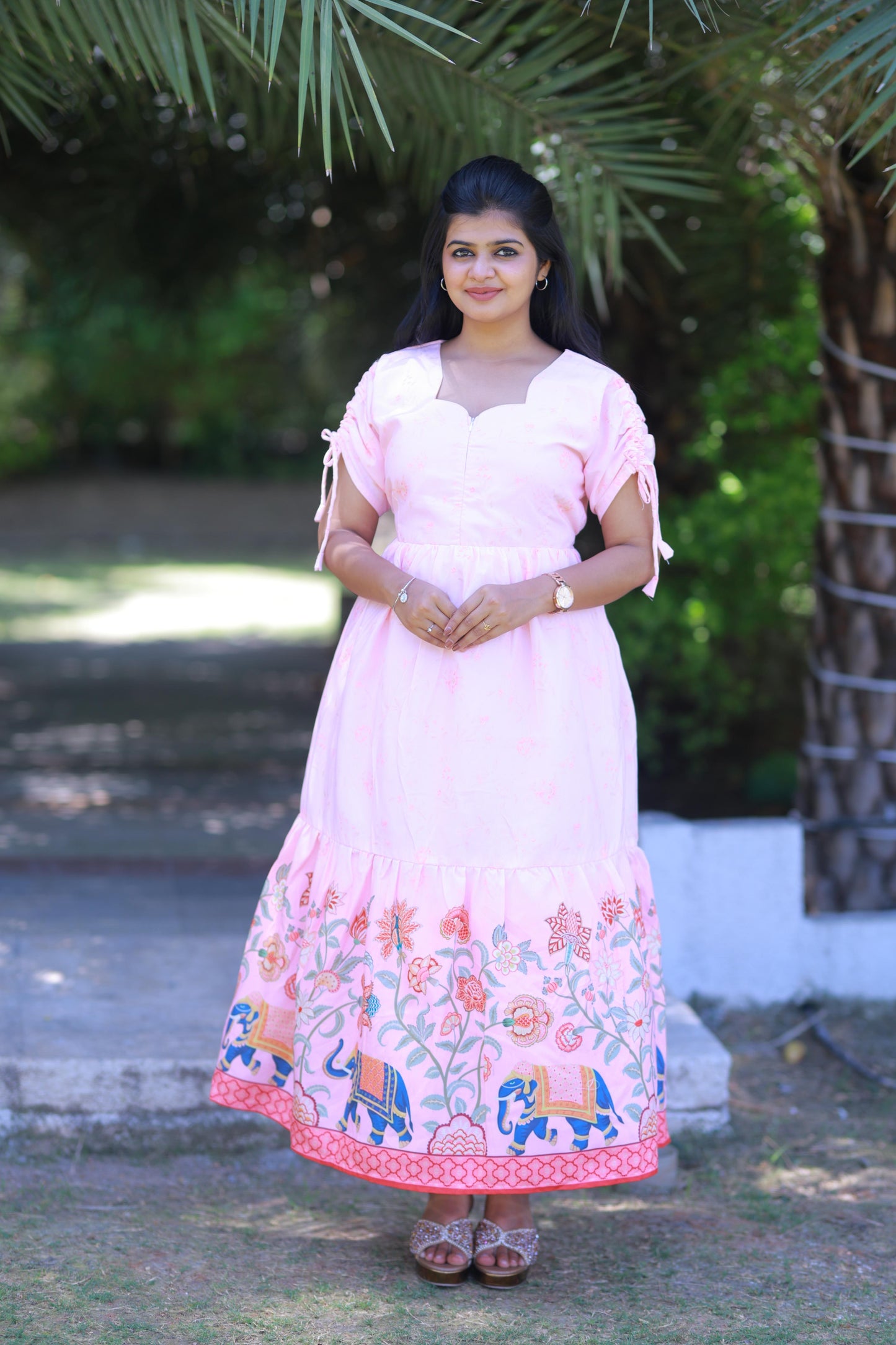 Light Pink elephant design With Flower double layer frock with center zip