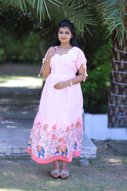 Light Pink elephant design With Flower double layer frock with center zip