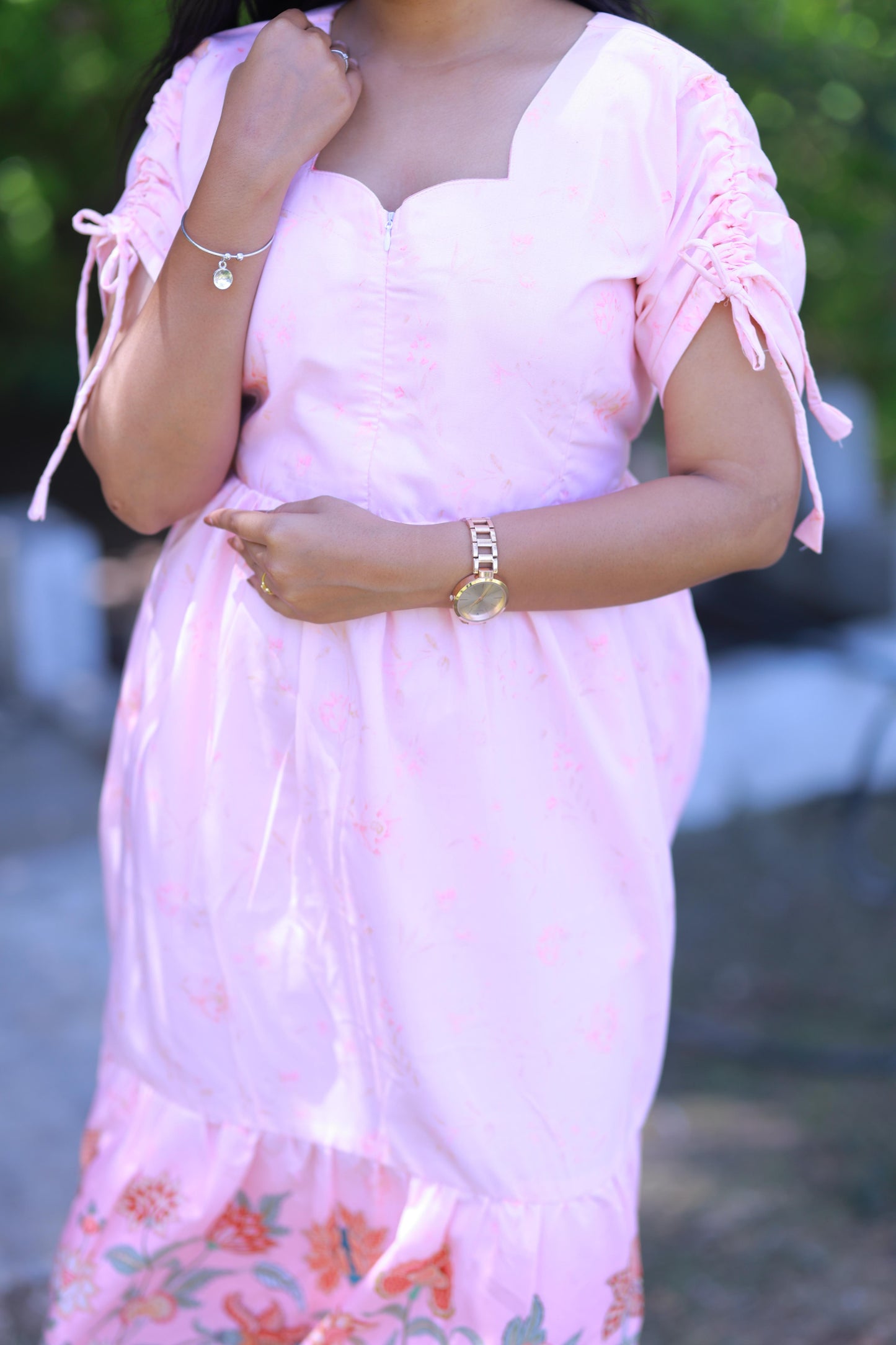 Light Pink elephant design With Flower double layer frock with center zip