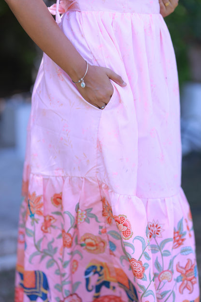 Light Pink elephant design With Flower double layer frock with center zip