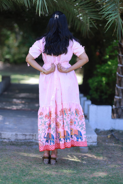 Light Pink elephant design With Flower double layer frock with center zip