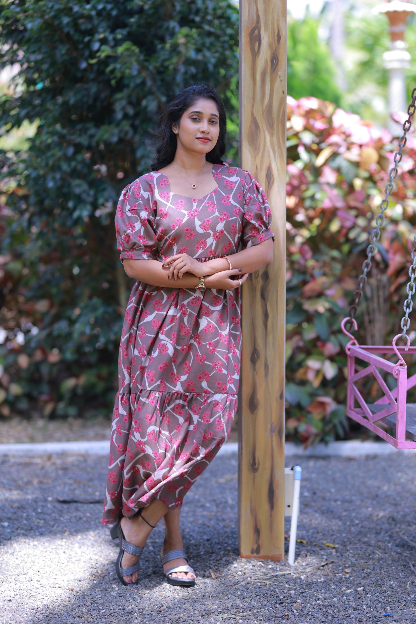 Light Brown with Dark Pink Flower Double Layer Alphine  Without zip Frock
