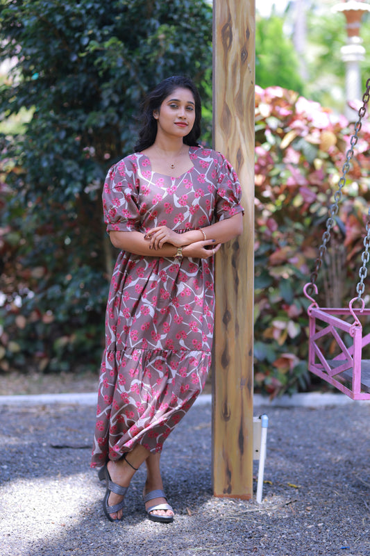 Light Brown with Dark Pink Flower Double Layer Alphine  Without zip Frock