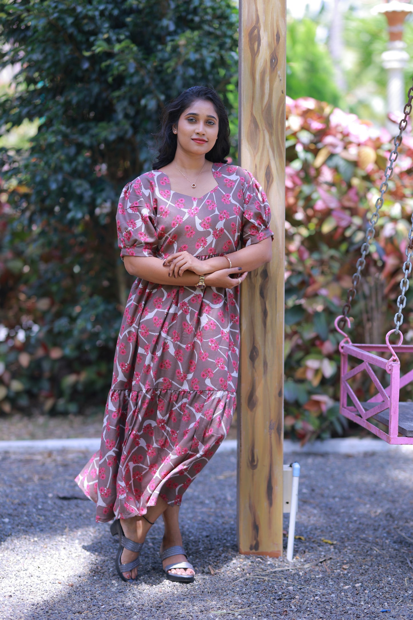Light Brown with Dark Pink Flower Double Layer Alphine  Without zip Frock