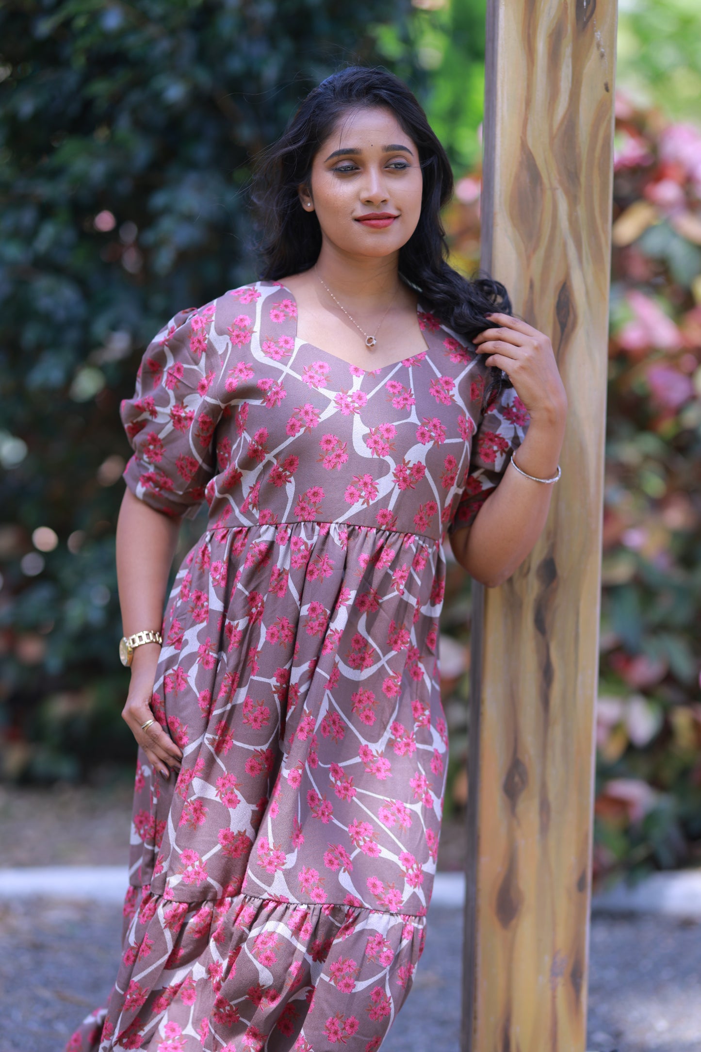 Light Brown with Dark Pink Flower Double Layer Alphine  Without zip Frock