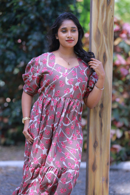 Light Brown with Dark Pink Flower Double Layer Alphine  Without zip Frock