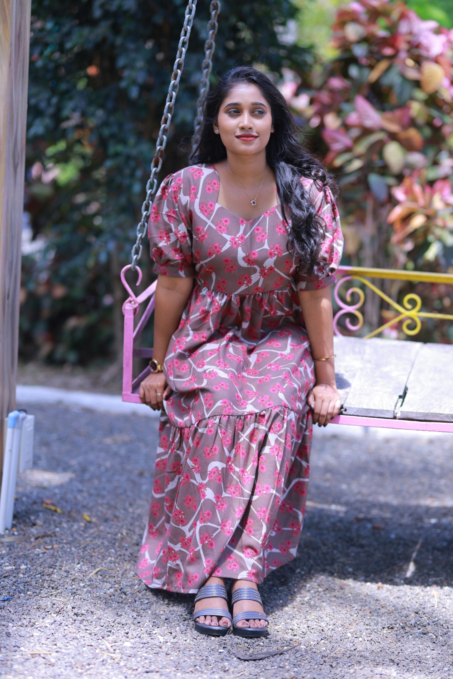 Light Brown with Dark Pink Flower Double Layer Alphine  Without zip Frock