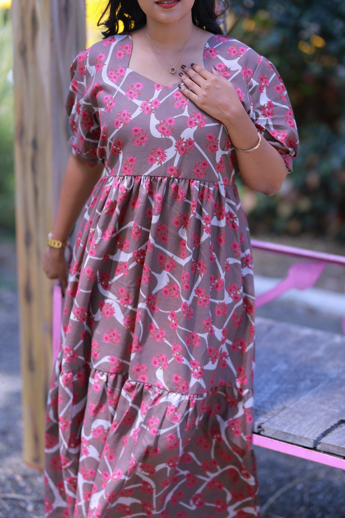 Light Brown with Dark Pink Flower Double Layer Alphine  Without zip Frock