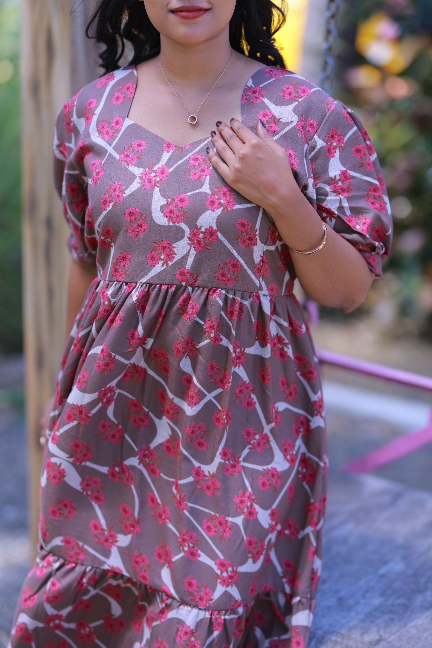 Light Brown with Dark Pink Flower Double Layer Alphine  Without zip Frock