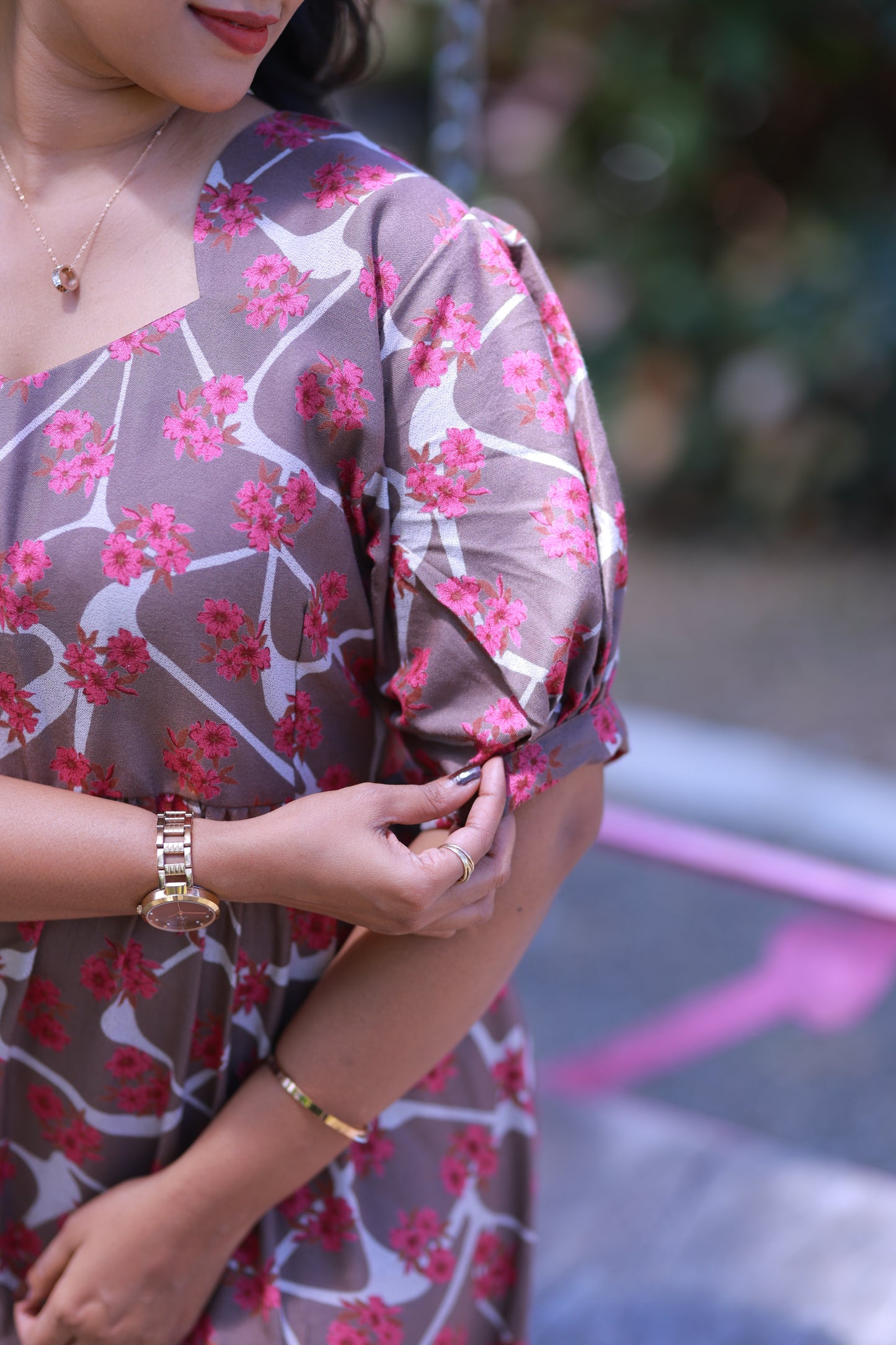 Light Brown with Dark Pink Flower Double Layer Alphine  Without zip Frock
