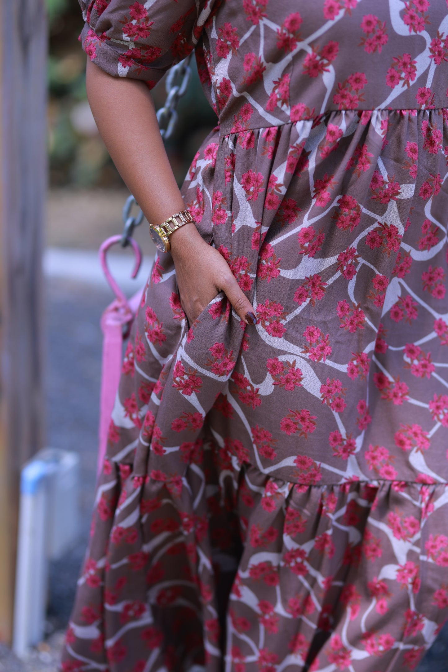 Light Brown with Dark Pink Flower Double Layer Alphine  Without zip Frock