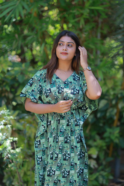 Light Green Floral Design casual cotton kaftan with center zip