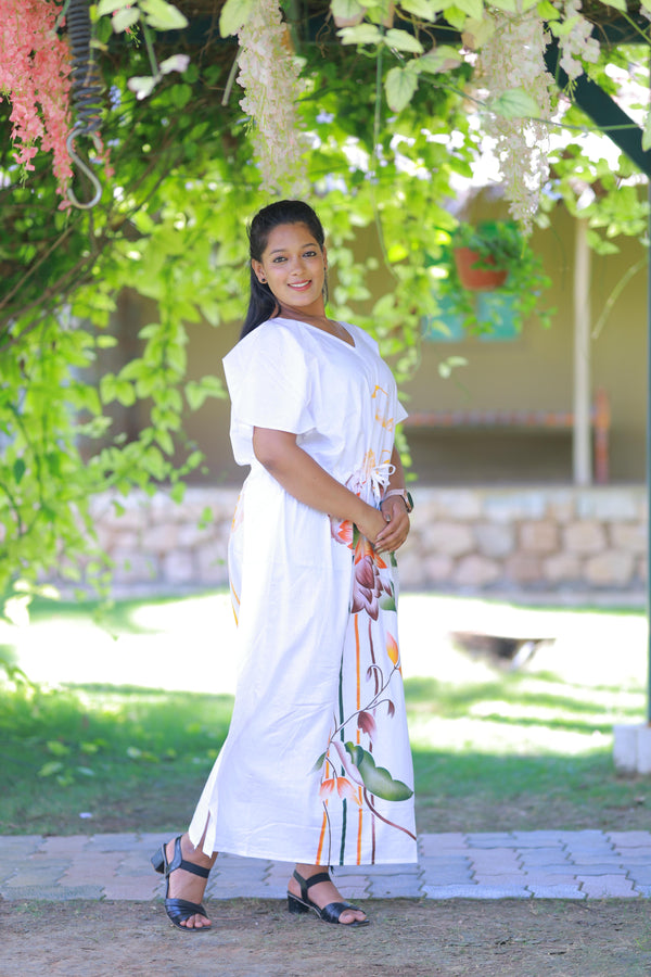 White With Orange and Green Flower casual cotton kaftan with center zip