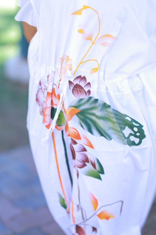 White With Orange and Green Flower casual cotton kaftan with center zip