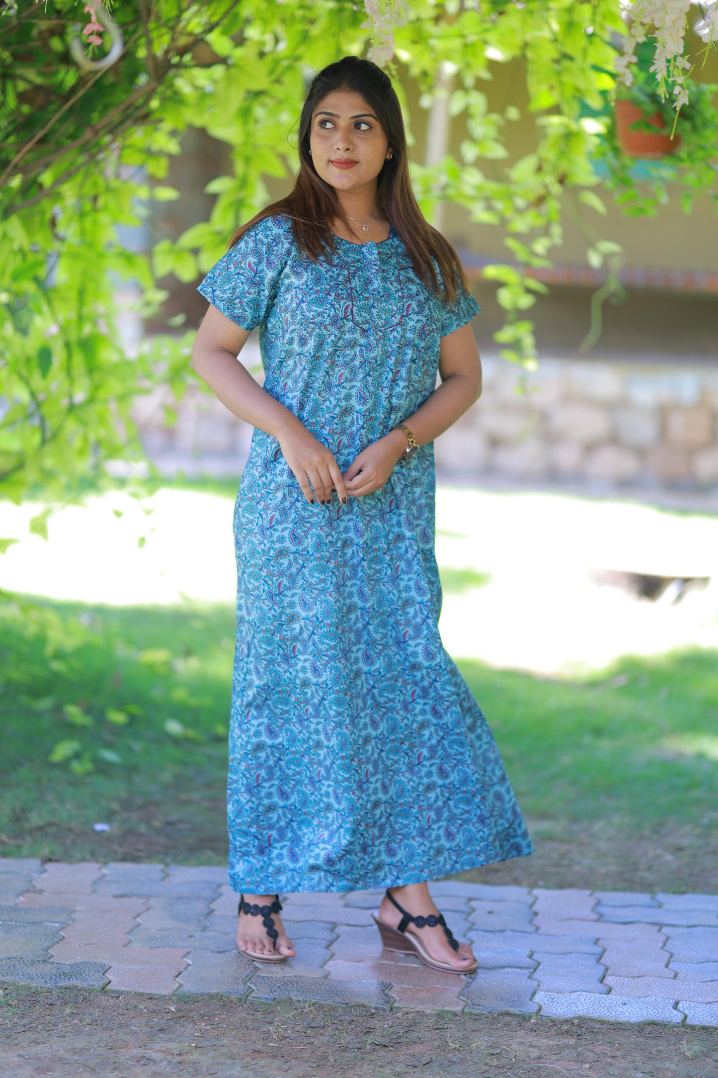 Sky Blue with Dark Purple Floral Design  Piping Zip Nighty