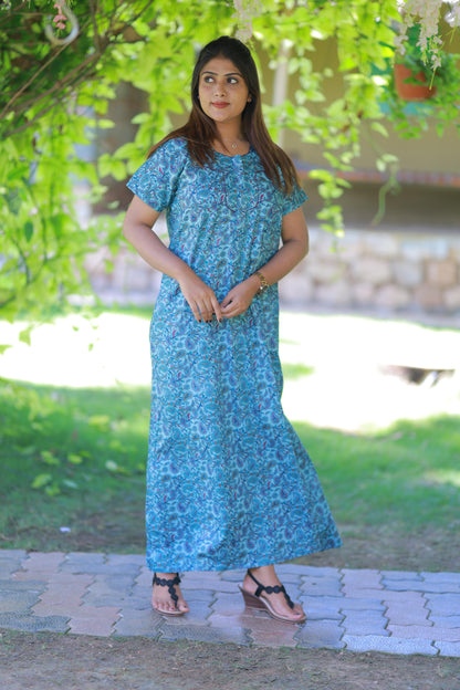 Sky Blue with Dark Purple Floral Design  Piping Zip Nighty