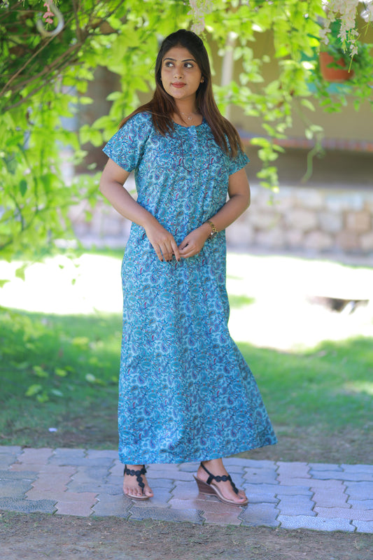 Sky Blue with Dark Purple Floral Design  Piping Zip Nighty