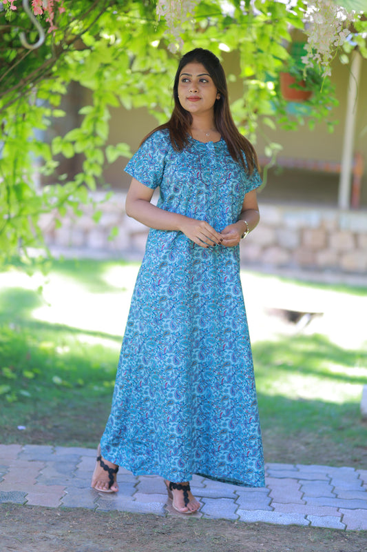 Sky Blue with Dark Purple Floral Design  Piping Zip Nighty