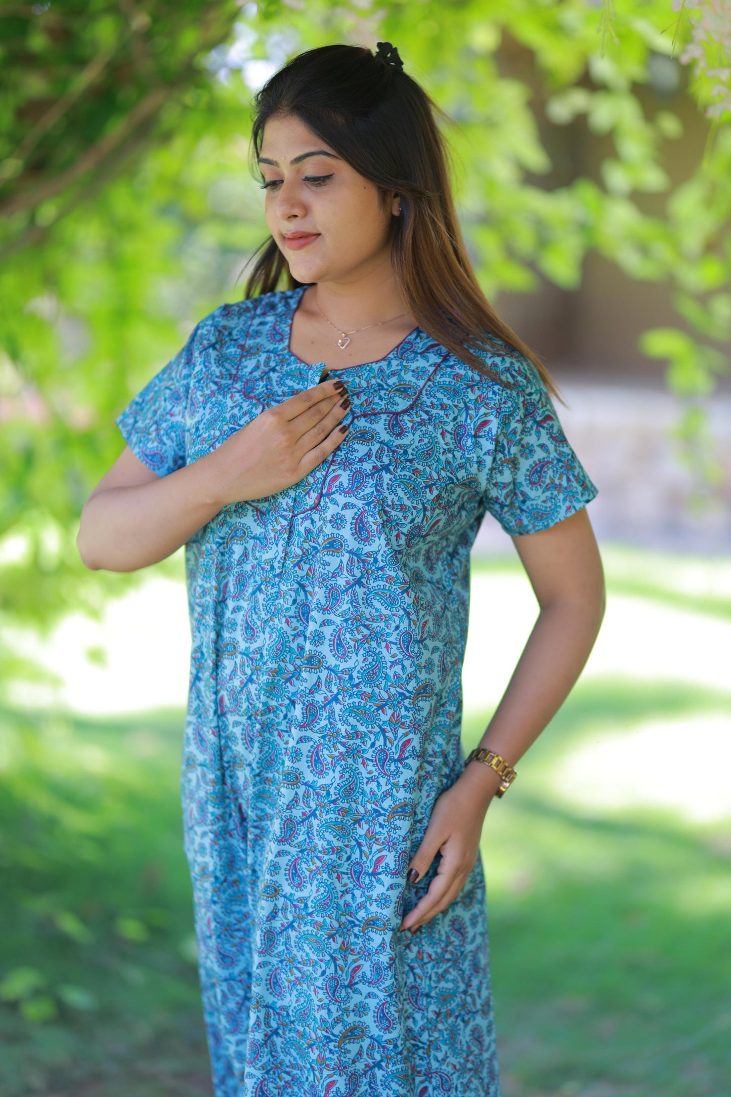 Sky Blue with Dark Purple Floral Design  Piping Zip Nighty