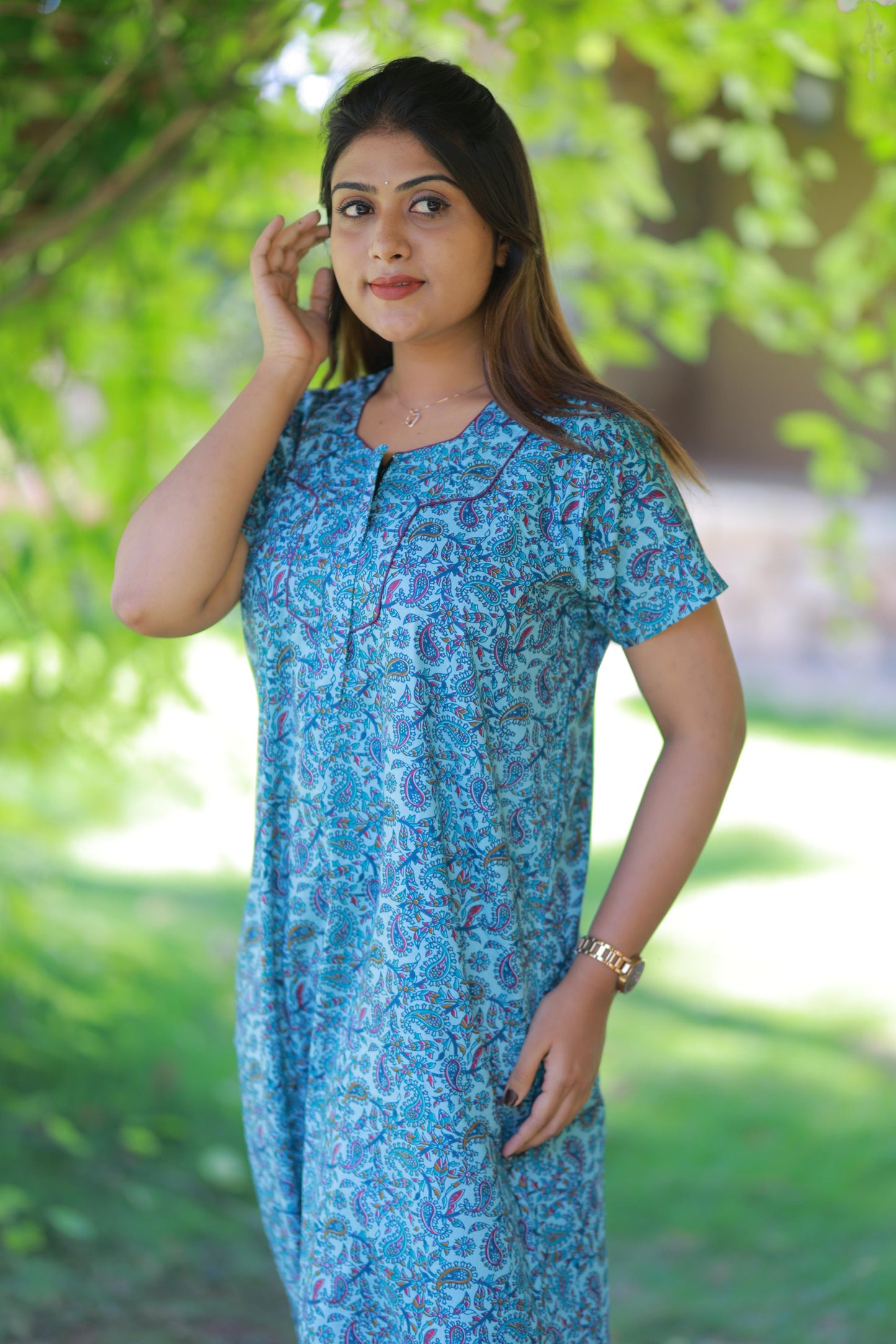 Sky Blue with Dark Purple Floral Design  Piping Zip Nighty