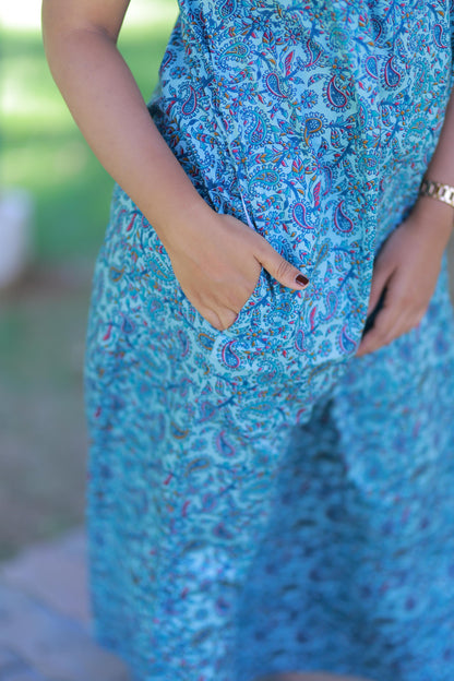 Sky Blue with Dark Purple Floral Design  Piping Zip Nighty