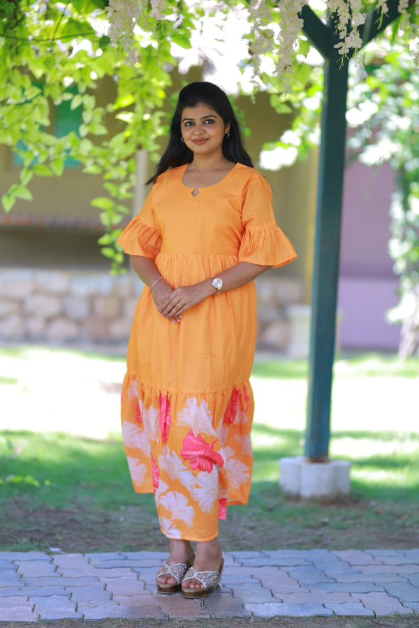 Orange With Flower Design Double Layer  Without Zip  Frock