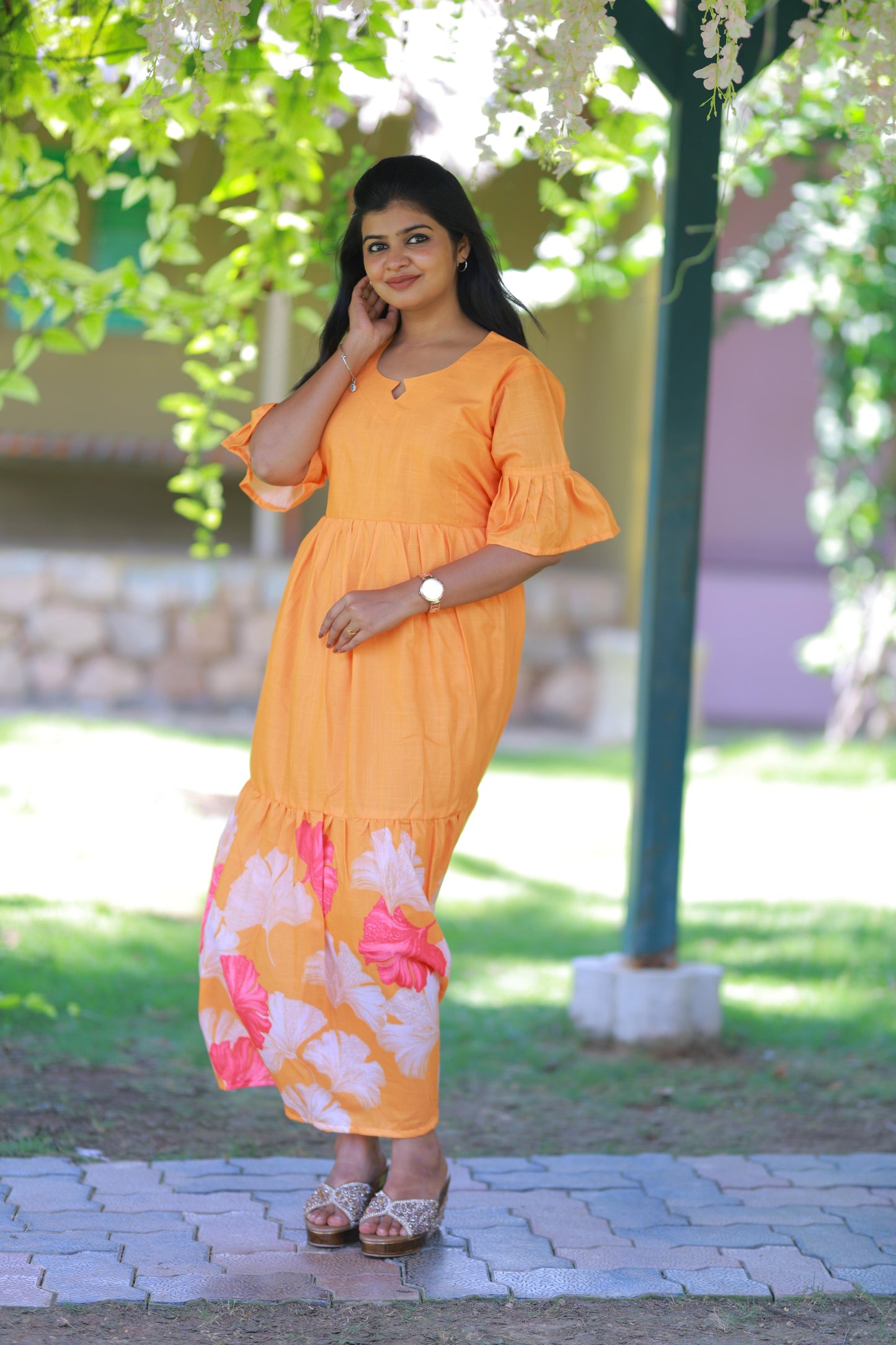 Orange With Flower Design Double Layer  Without Zip  Frock