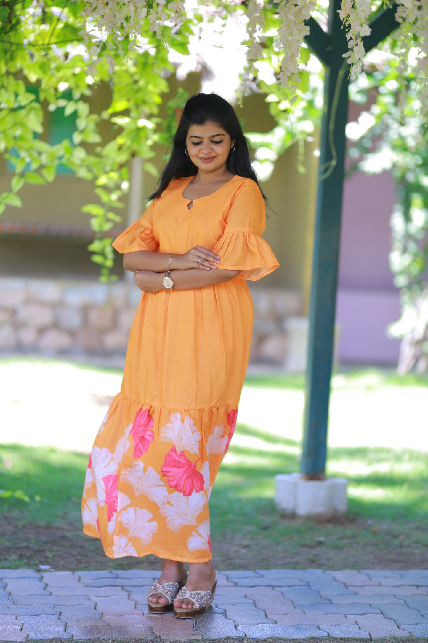 Orange With Flower Design Double Layer  Without Zip  Frock
