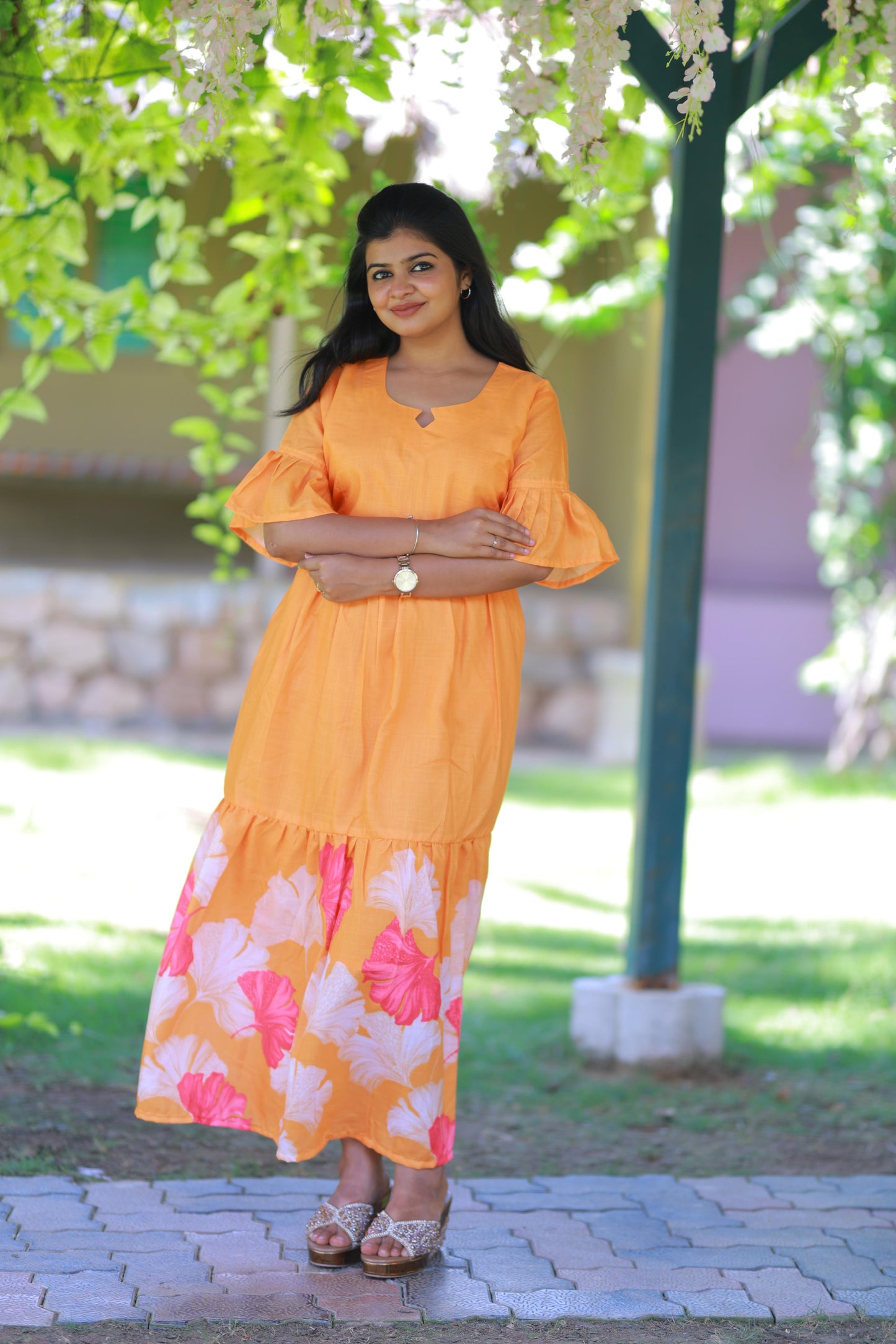 Orange With Flower Design Double Layer  Without Zip  Frock