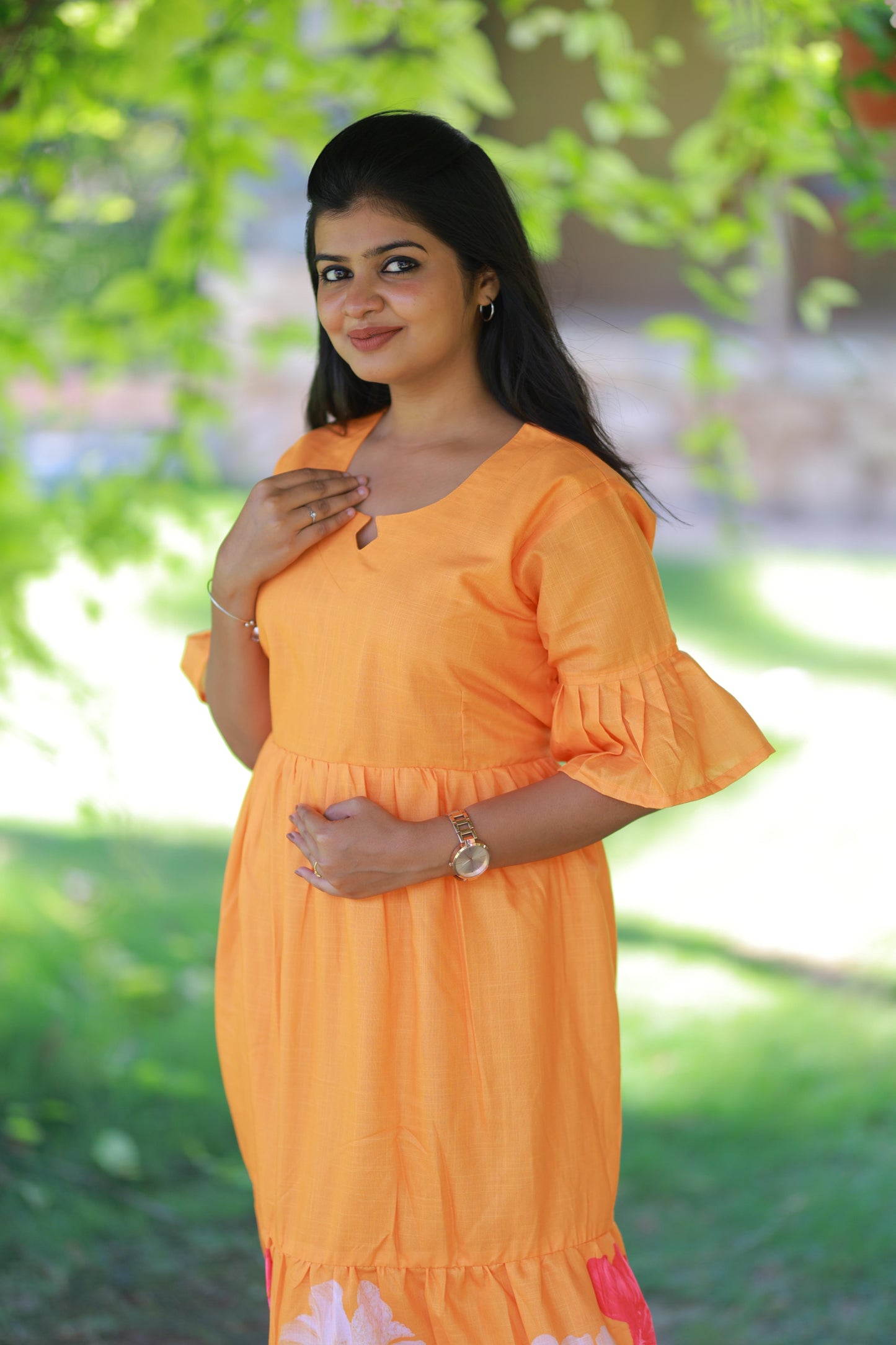 Orange With Flower Design Double Layer  Without Zip  Frock