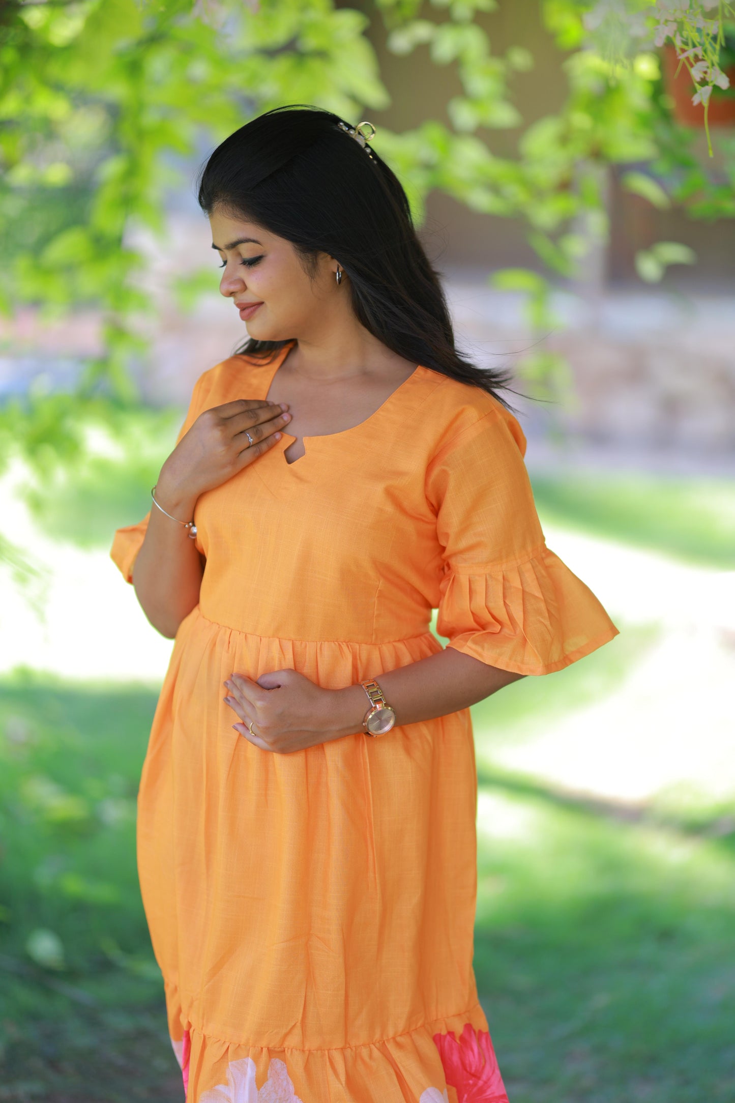 Orange With Flower Design Double Layer  Without Zip  Frock