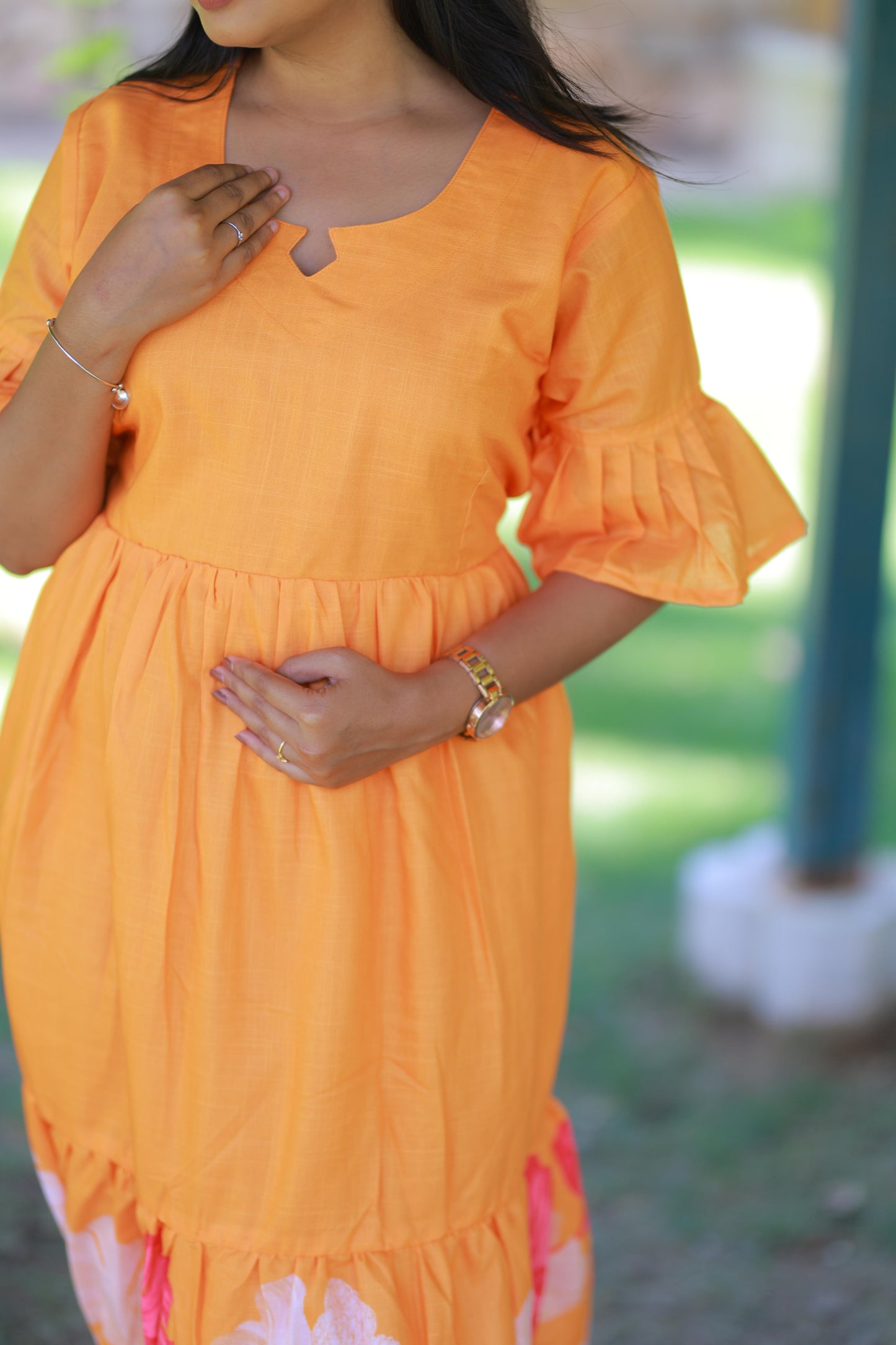 Orange With Flower Design Double Layer  Without Zip  Frock